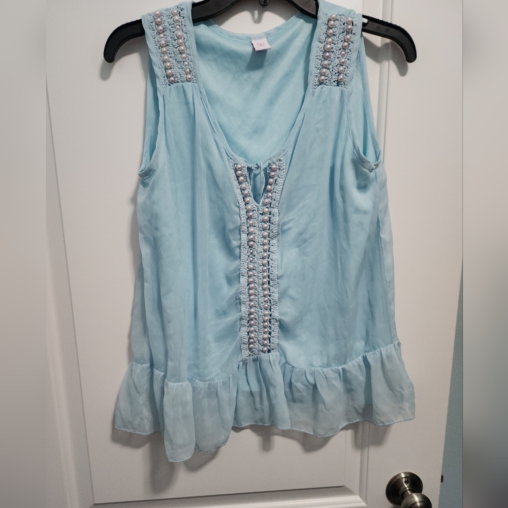 JW Baby Blue Sheer Top lined beaded accent on shoulders